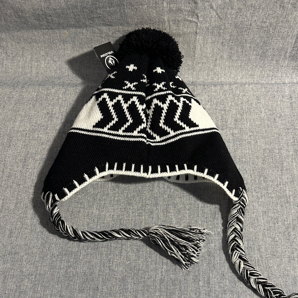 Volcom Black & White Pom Pom Earflap Beanie - Picture 5 of 14